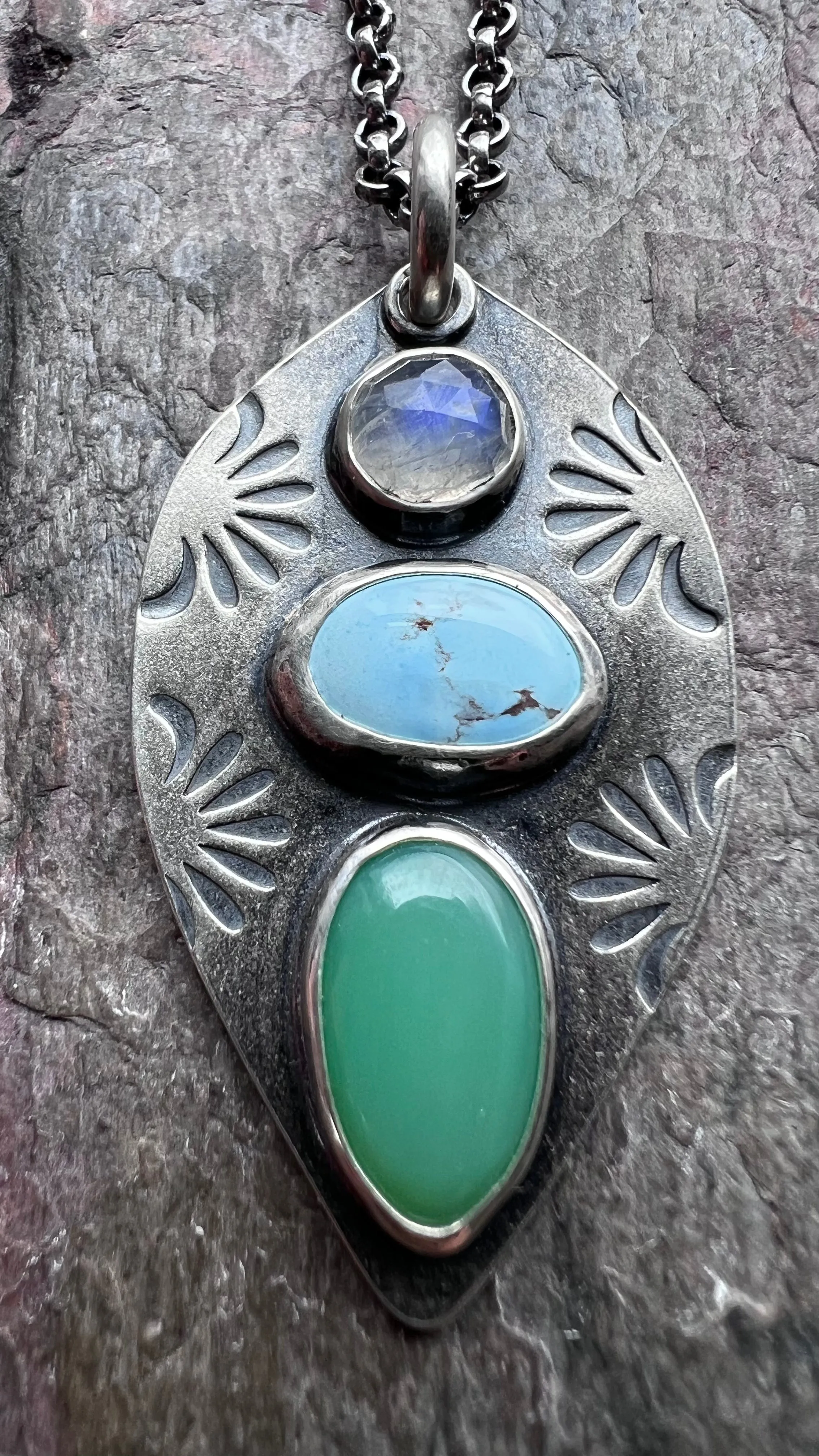 Sterling Silver Rainbow Moonstone, Turquoise, and Chrysoprase Necklace - Handmade One-of-a-kind Pendant on Sterling Silver Chain