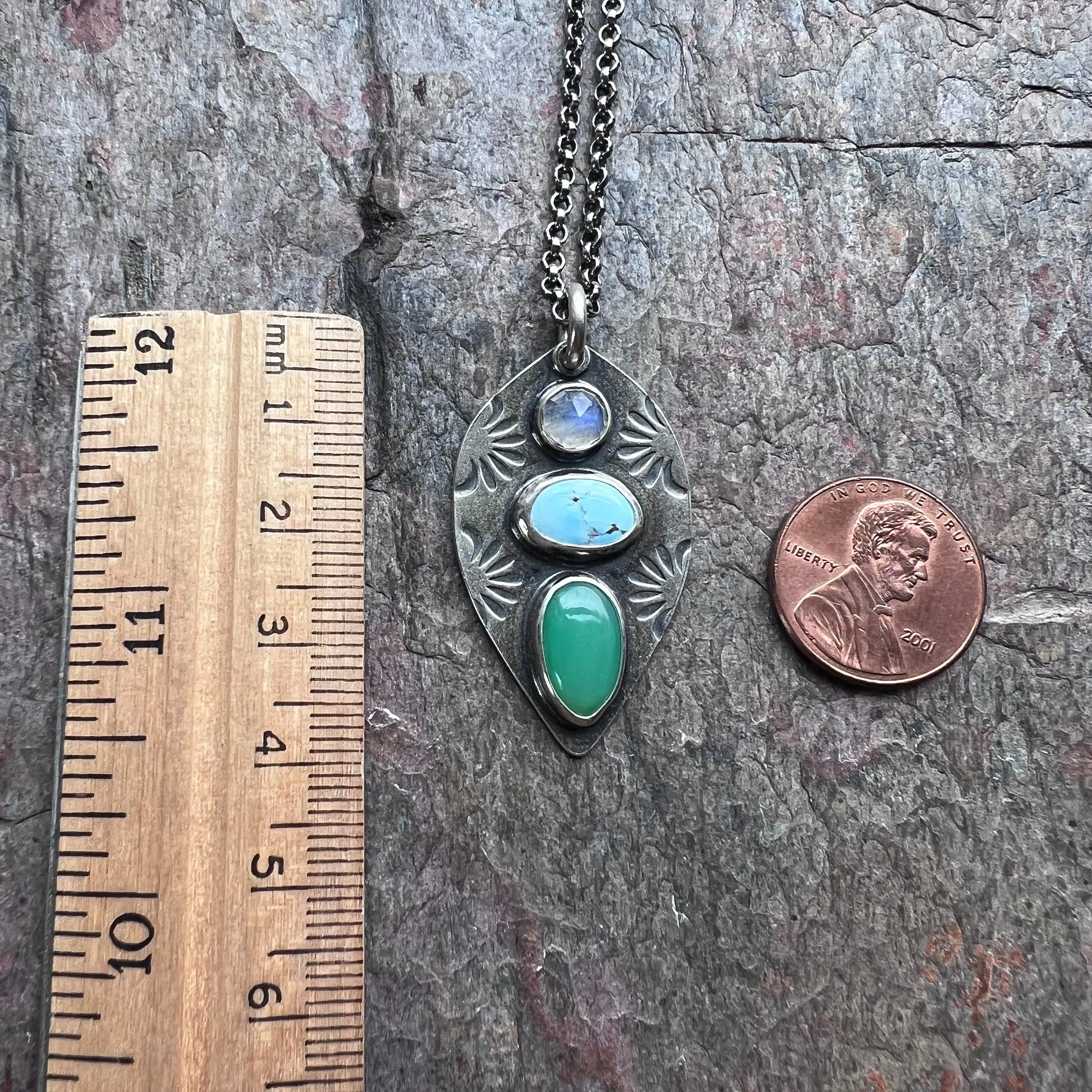 Sterling Silver Rainbow Moonstone, Turquoise, and Chrysoprase Necklace - Handmade One-of-a-kind Pendant on Sterling Silver Chain
