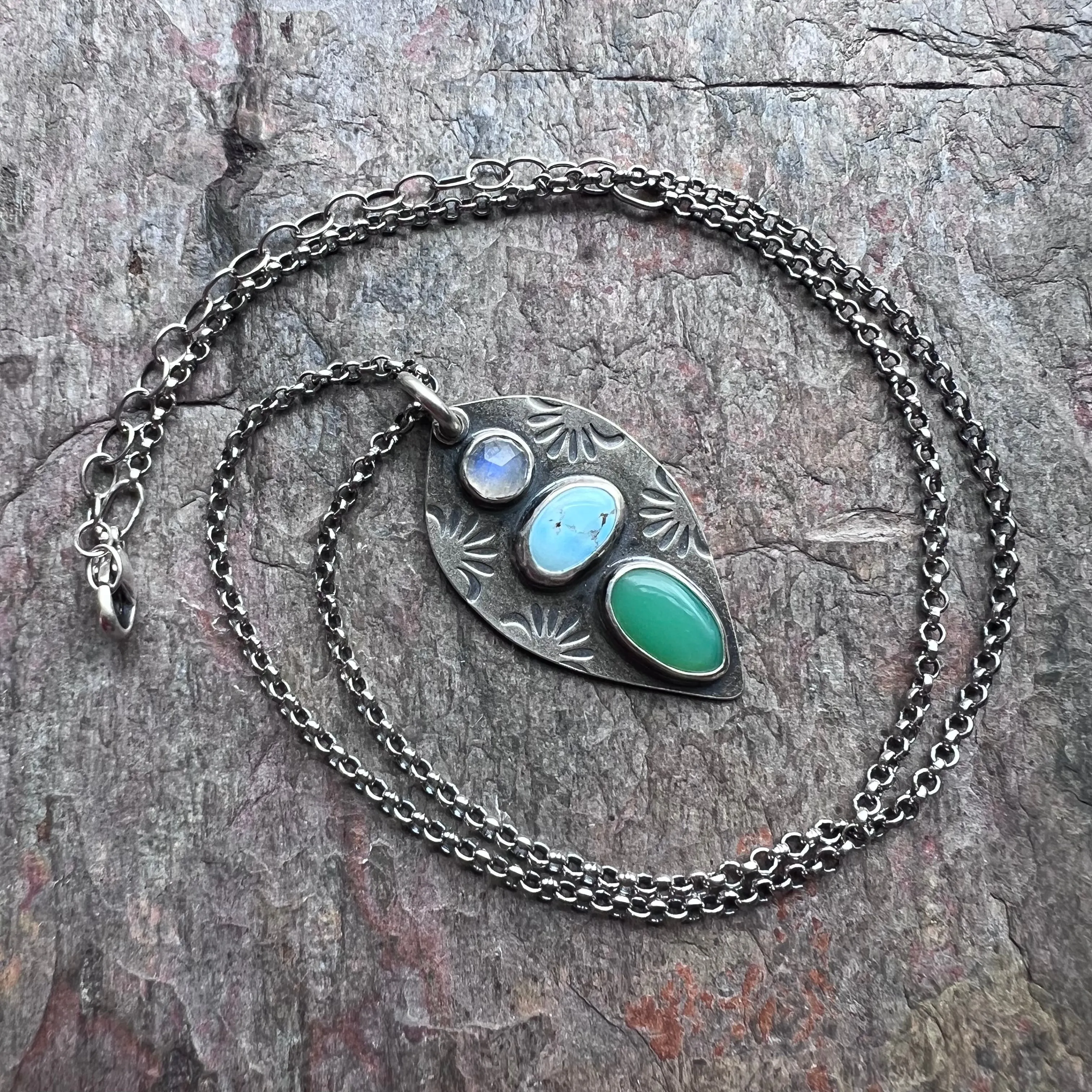 Sterling Silver Rainbow Moonstone, Turquoise, and Chrysoprase Necklace - Handmade One-of-a-kind Pendant on Sterling Silver Chain