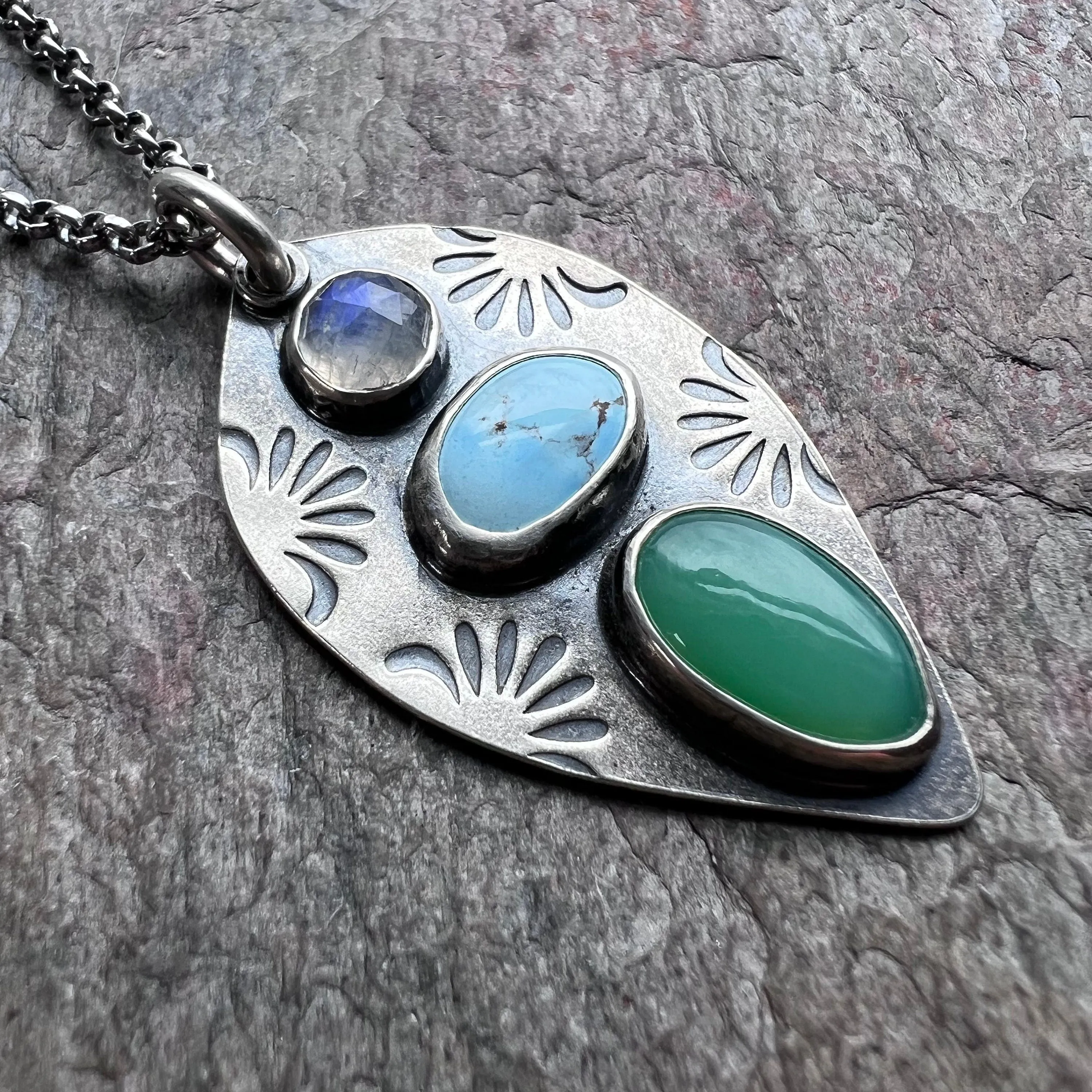 Sterling Silver Rainbow Moonstone, Turquoise, and Chrysoprase Necklace - Handmade One-of-a-kind Pendant on Sterling Silver Chain