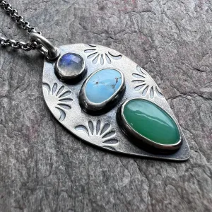 Sterling Silver Rainbow Moonstone, Turquoise, and Chrysoprase Necklace - Handmade One-of-a-kind Pendant on Sterling Silver Chain