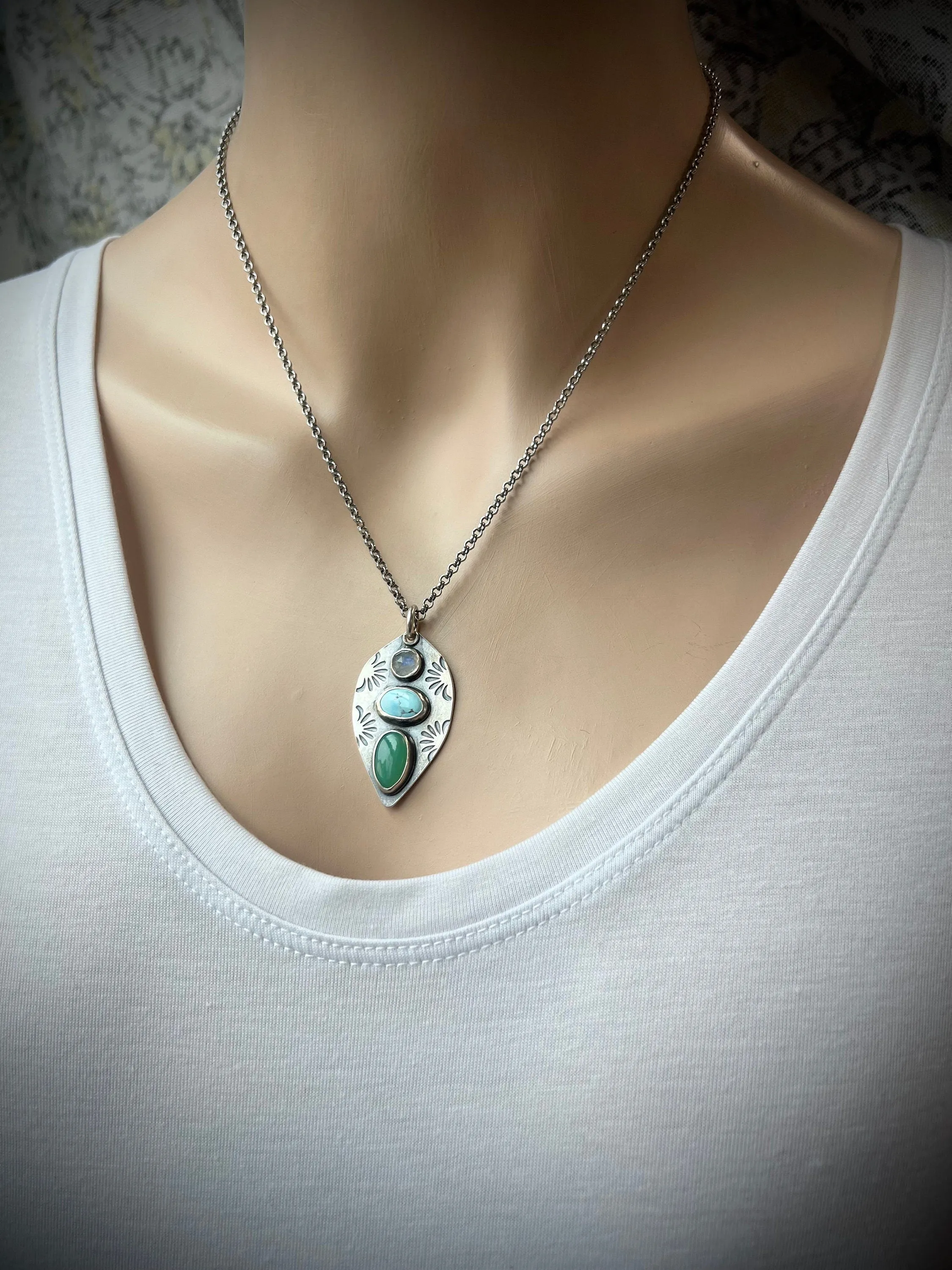 Sterling Silver Rainbow Moonstone, Turquoise, and Chrysoprase Necklace - Handmade One-of-a-kind Pendant on Sterling Silver Chain