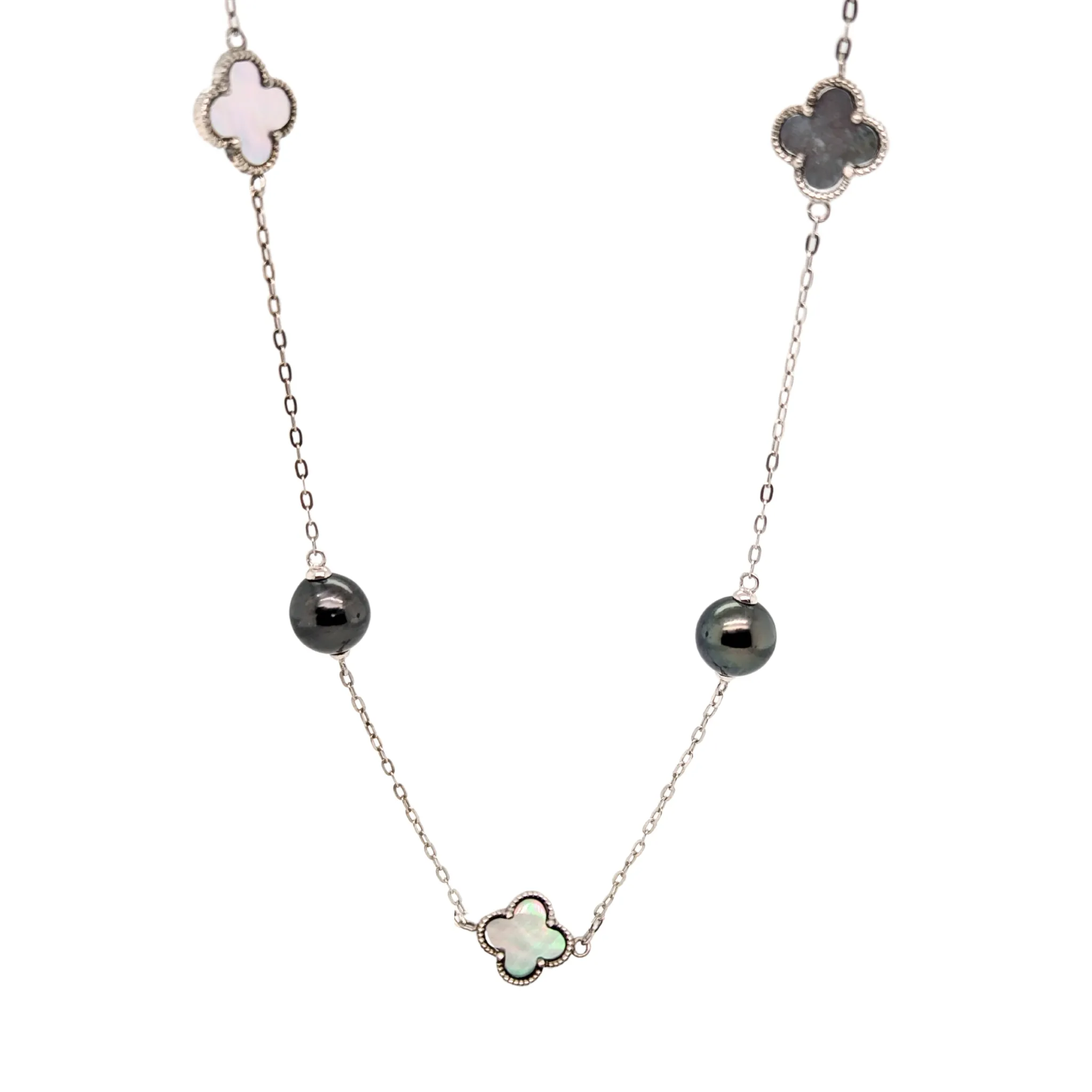 Sterling Silver Tahitian Pearl and Mother of Pearl Quatrefoil Station Necklace