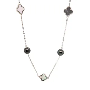 Sterling Silver Tahitian Pearl and Mother of Pearl Quatrefoil Station Necklace