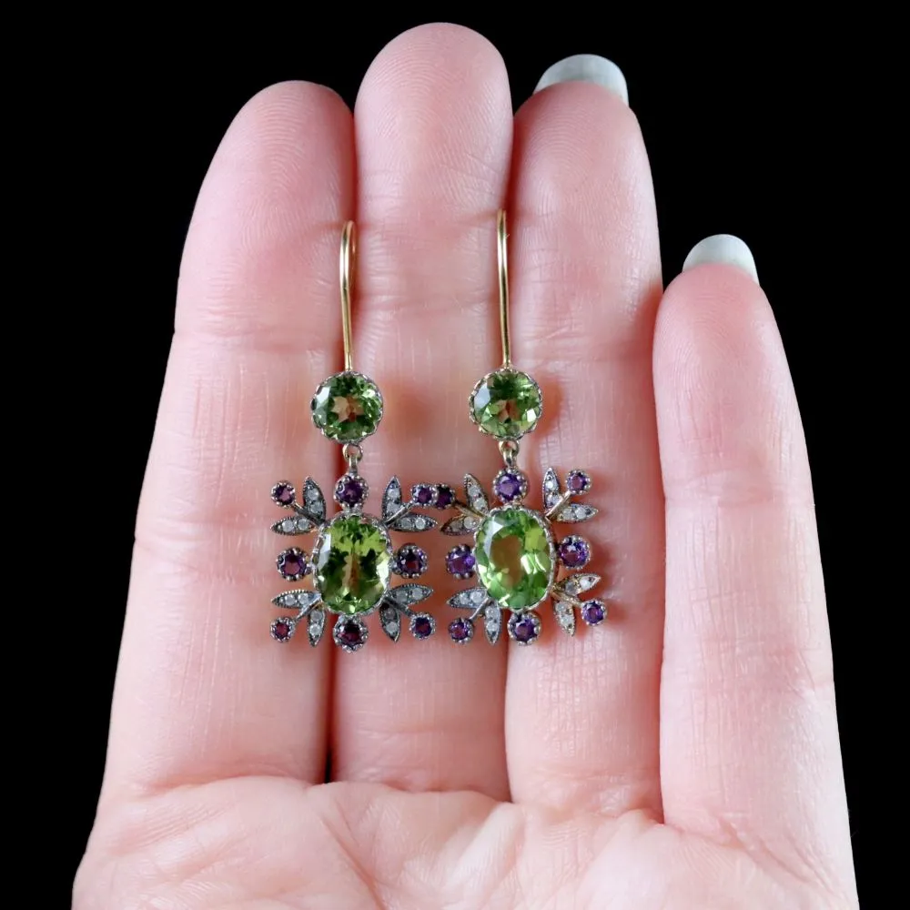 Suffragette Drop Earrings 18Ct Gold Peridot Amethyst Diamond