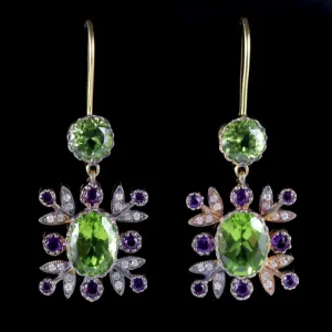 Suffragette Drop Earrings 18Ct Gold Peridot Amethyst Diamond