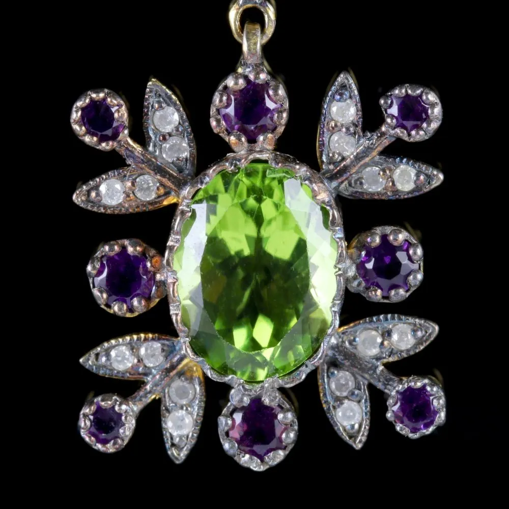 Suffragette Drop Earrings 18Ct Gold Peridot Amethyst Diamond