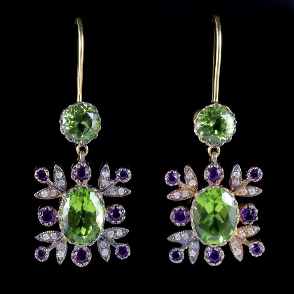 Suffragette Drop Earrings 18Ct Gold Peridot Amethyst Diamond