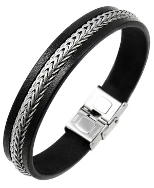 Sutton Stainless Steel Leather Bracelet with Chain Detail