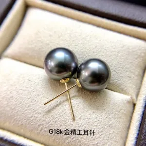 Tahiti Natural-Ocean Black Pearl Earrings 18K Gold
