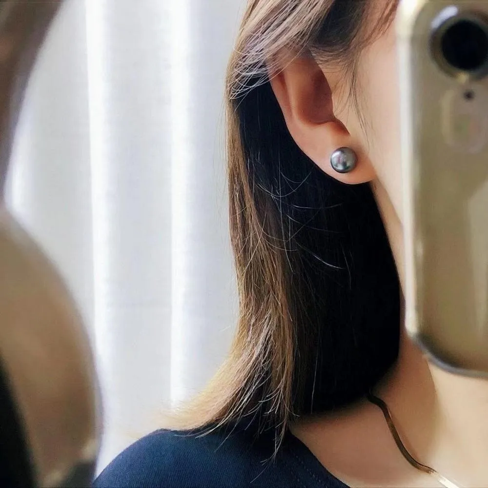 Tahiti Natural-Ocean Black Pearl Earrings 18K Gold
