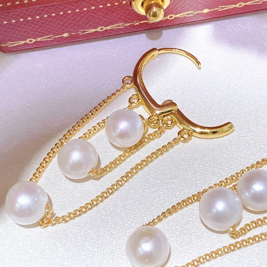 Tassel ear buckle real freshwater akoya pearl earrings