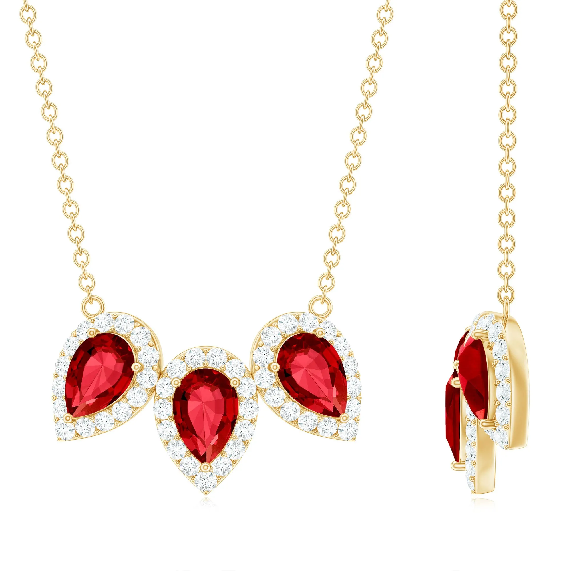 Three Pear Cut Created Ruby and Moissanite Halo Leaf Necklace