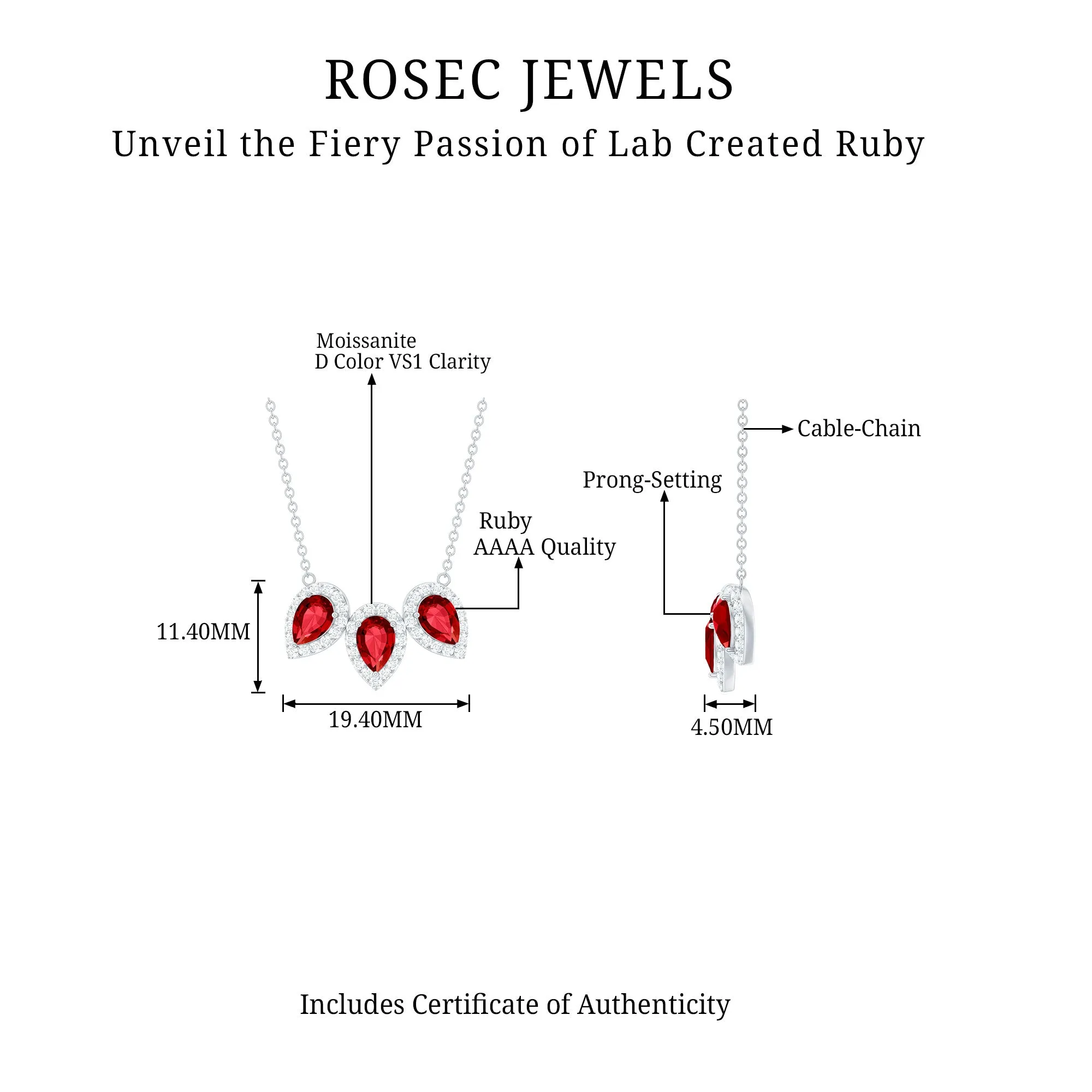 Three Pear Cut Created Ruby and Moissanite Halo Leaf Necklace
