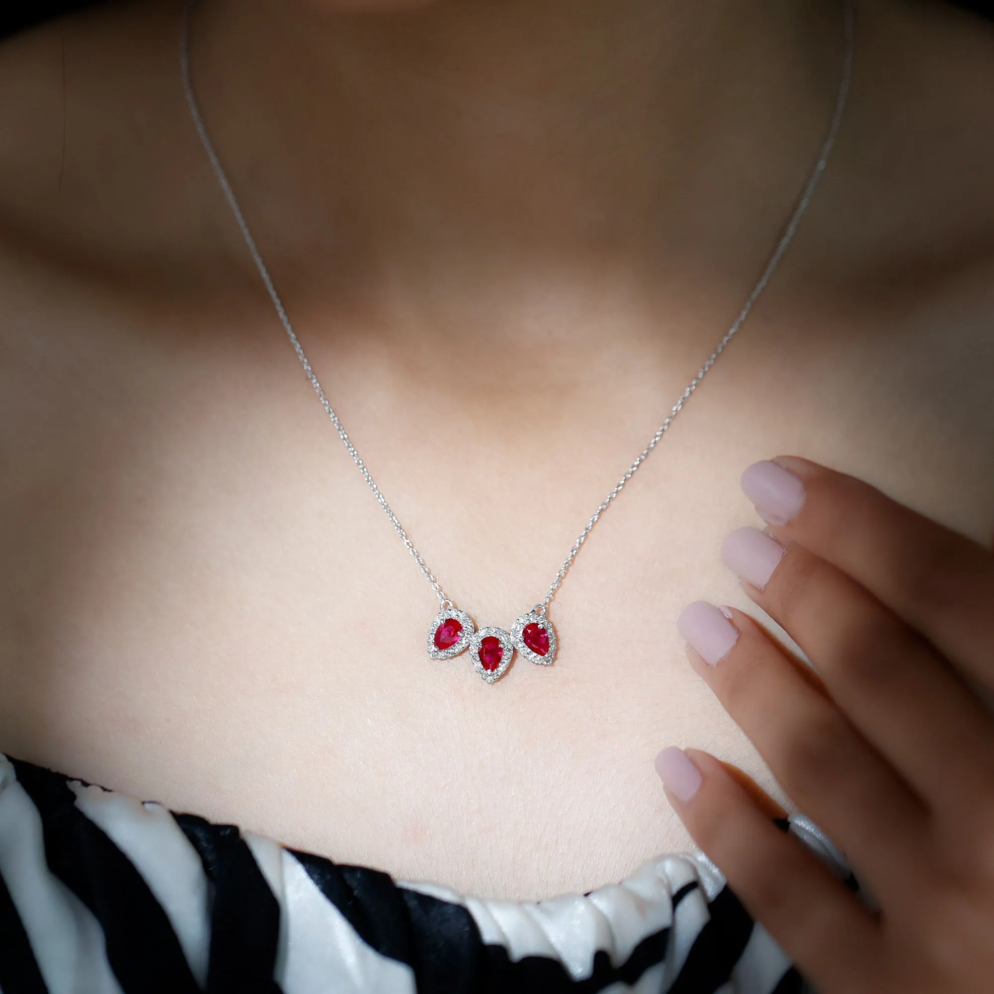 Three Pear Cut Created Ruby and Moissanite Halo Leaf Necklace