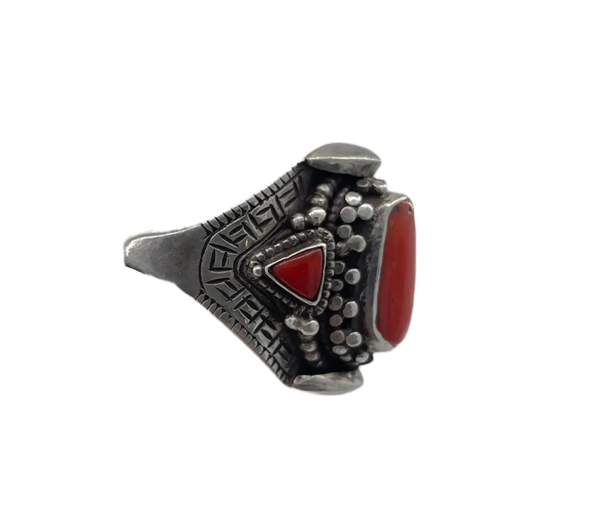 Tibetan Silver Ring w/Coral, Adjustable