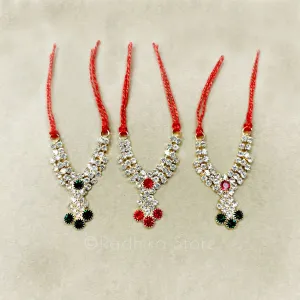 Tiny Krishna Dots - Emeralds and Rubies - Rhinestone Deity Necklace