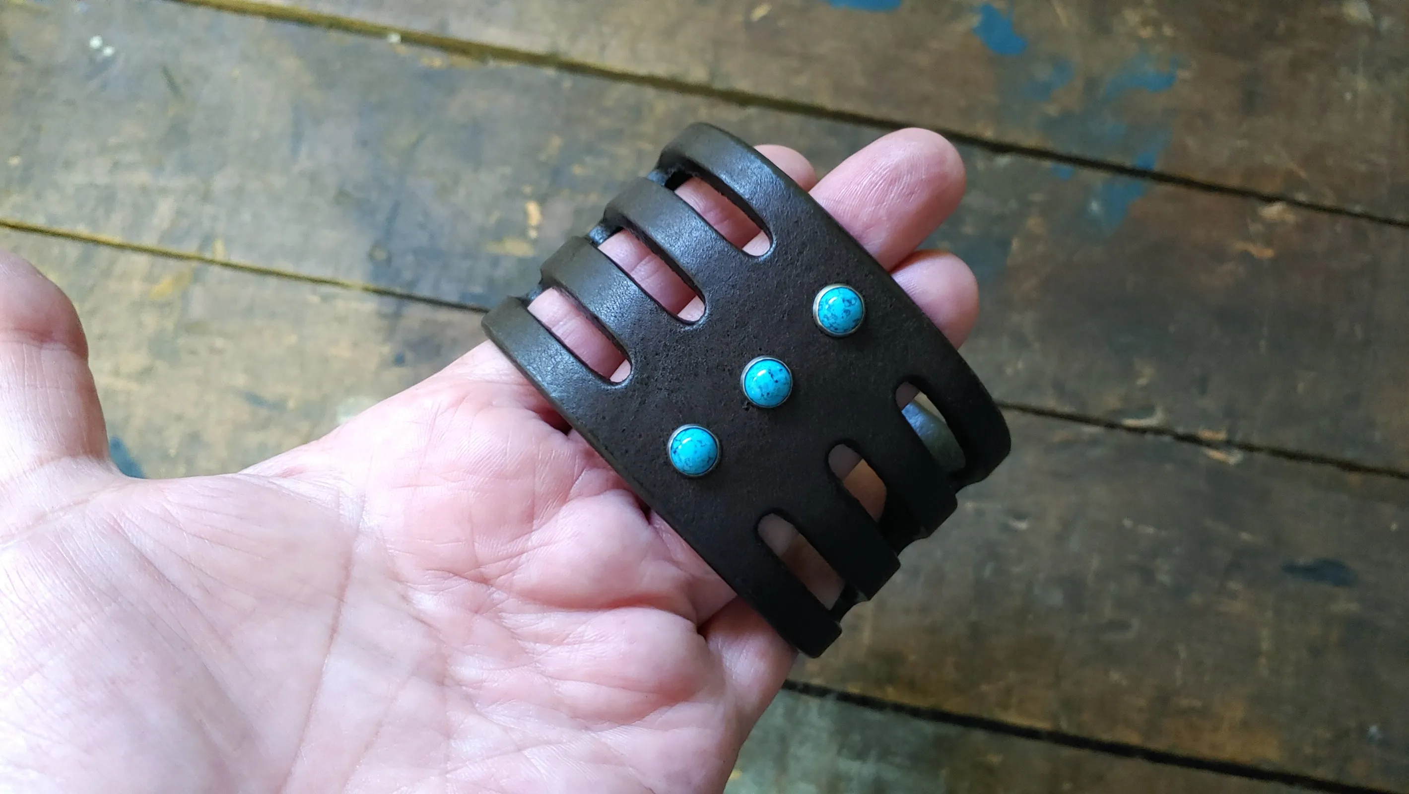 Trinity Wide Leather Cuff, Turquoise Stone Rivet Cuff Bracelet- SS1124