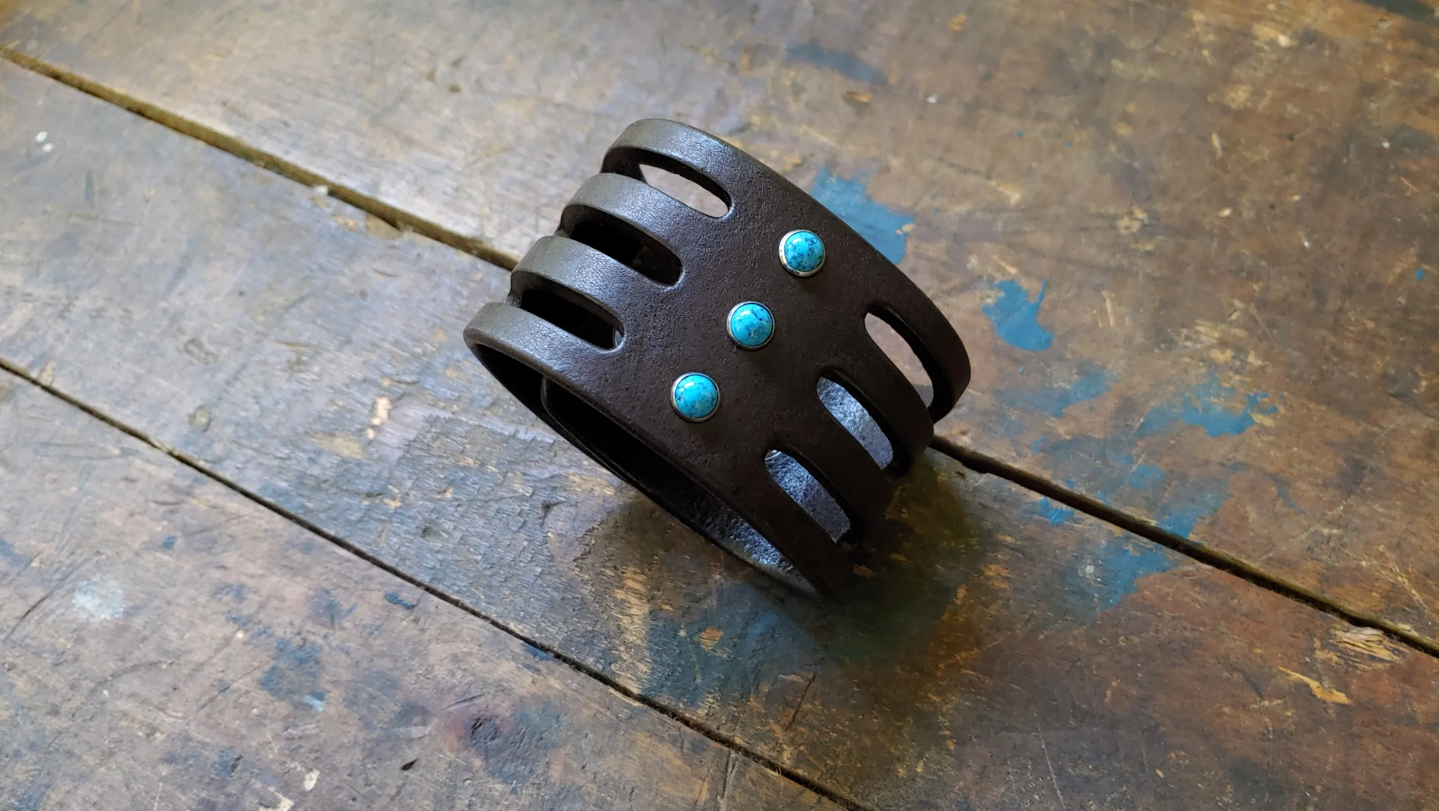 Trinity Wide Leather Cuff, Turquoise Stone Rivet Cuff Bracelet- SS1124