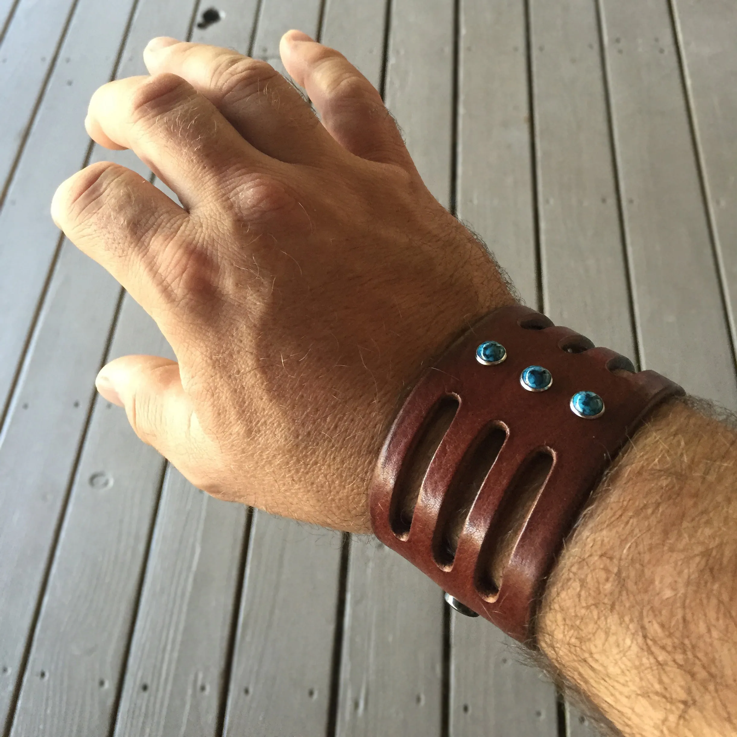 Trinity Wide Leather Cuff, Turquoise Stone Rivet Cuff Bracelet- SS1124