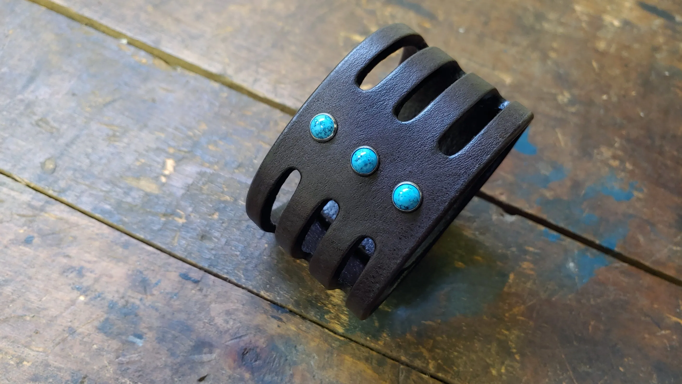 Trinity Wide Leather Cuff, Turquoise Stone Rivet Cuff Bracelet- SS1124