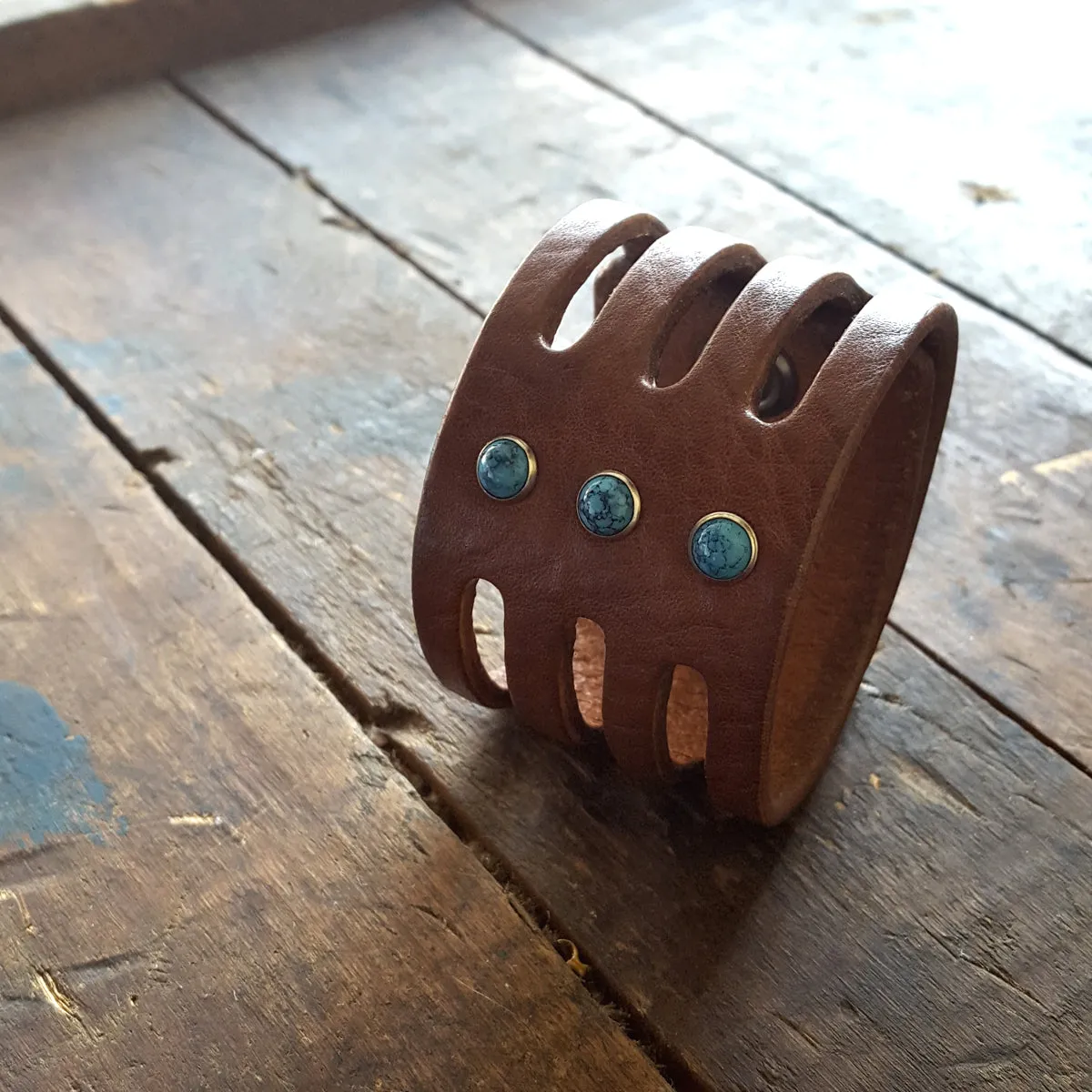 Trinity Wide Leather Cuff, Turquoise Stone Rivet Cuff Bracelet- SS1124