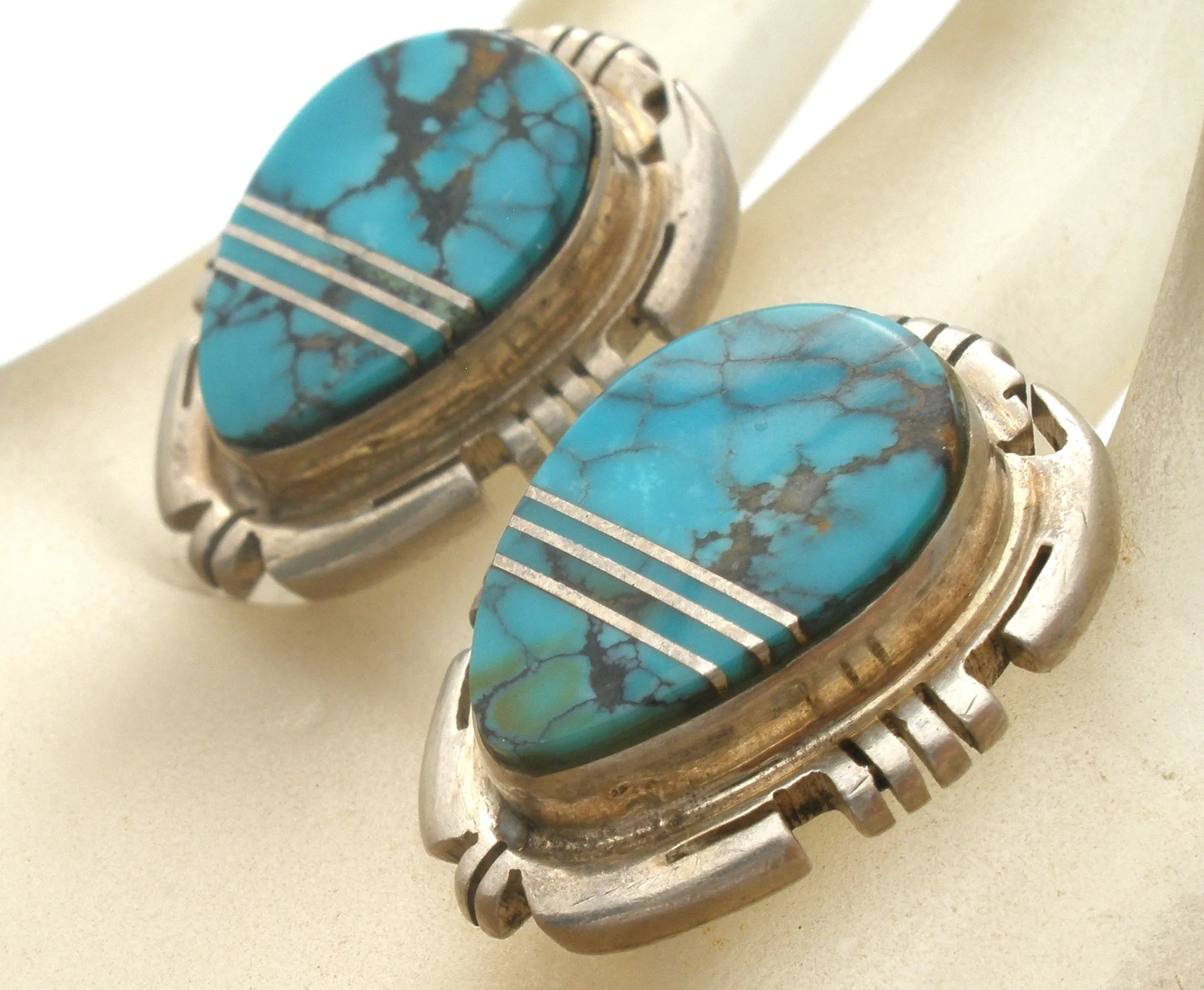 Turquoise Earrings With Sterling Silver Inlay Vintage