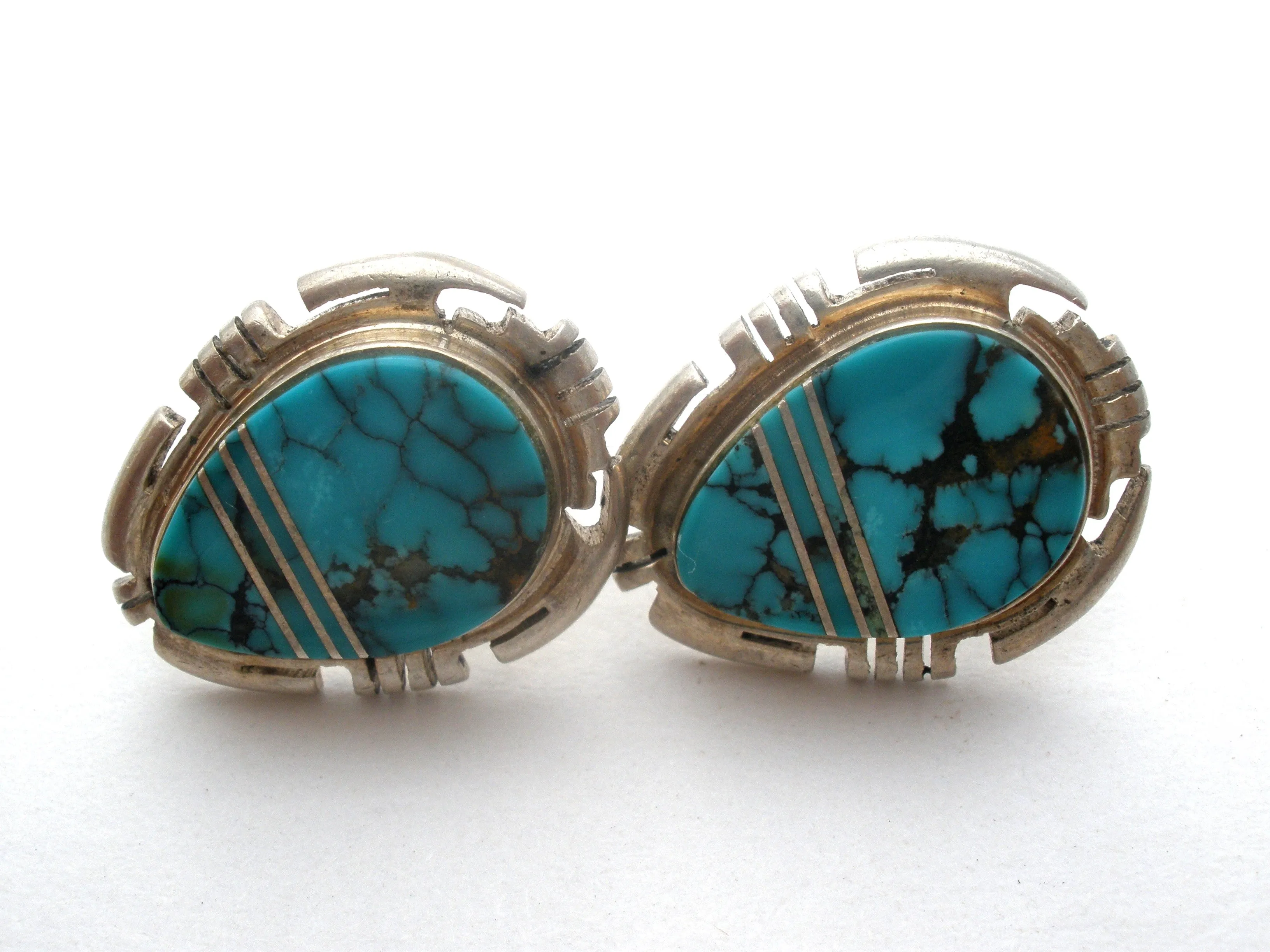 Turquoise Earrings With Sterling Silver Inlay Vintage