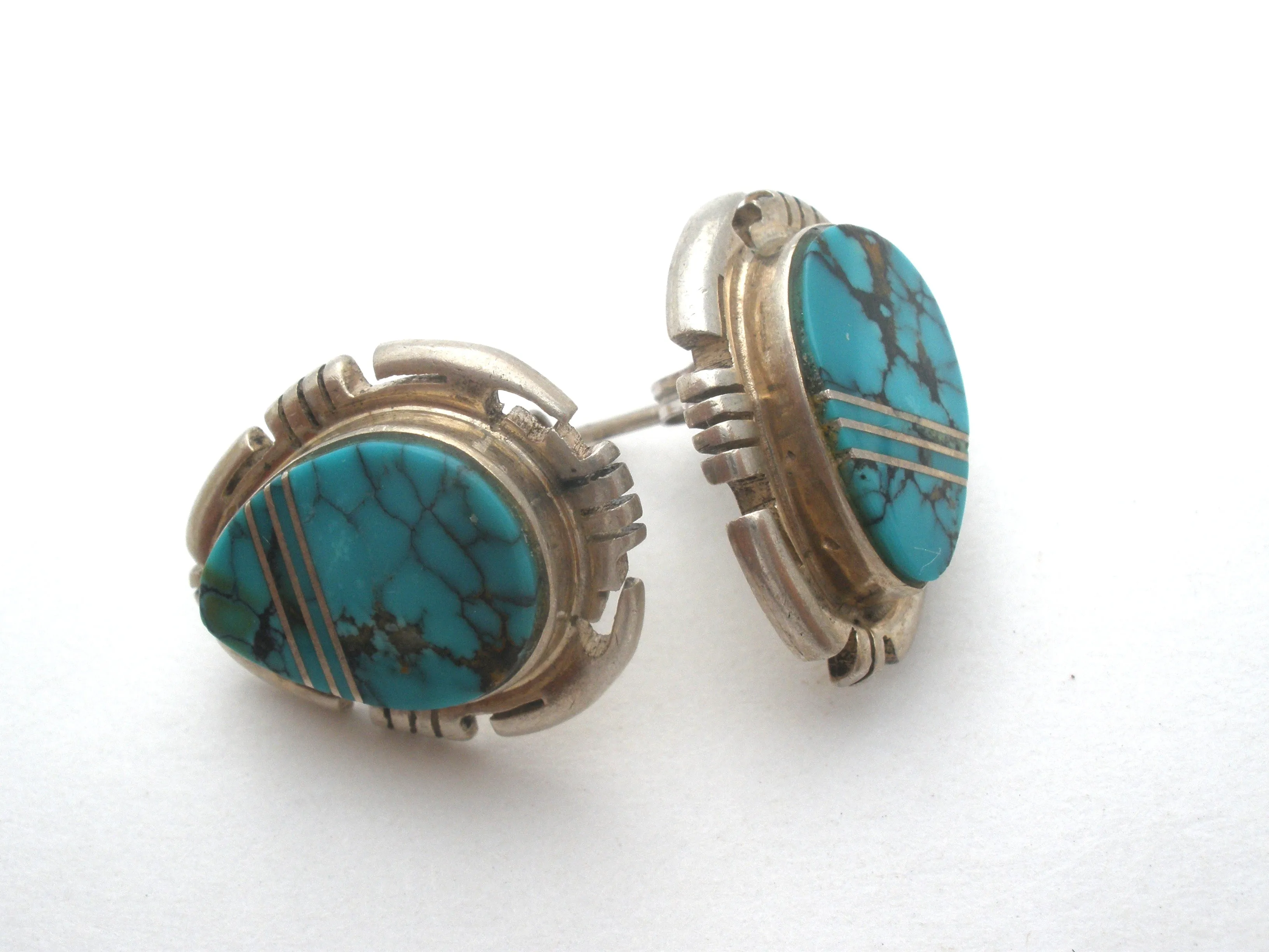 Turquoise Earrings With Sterling Silver Inlay Vintage