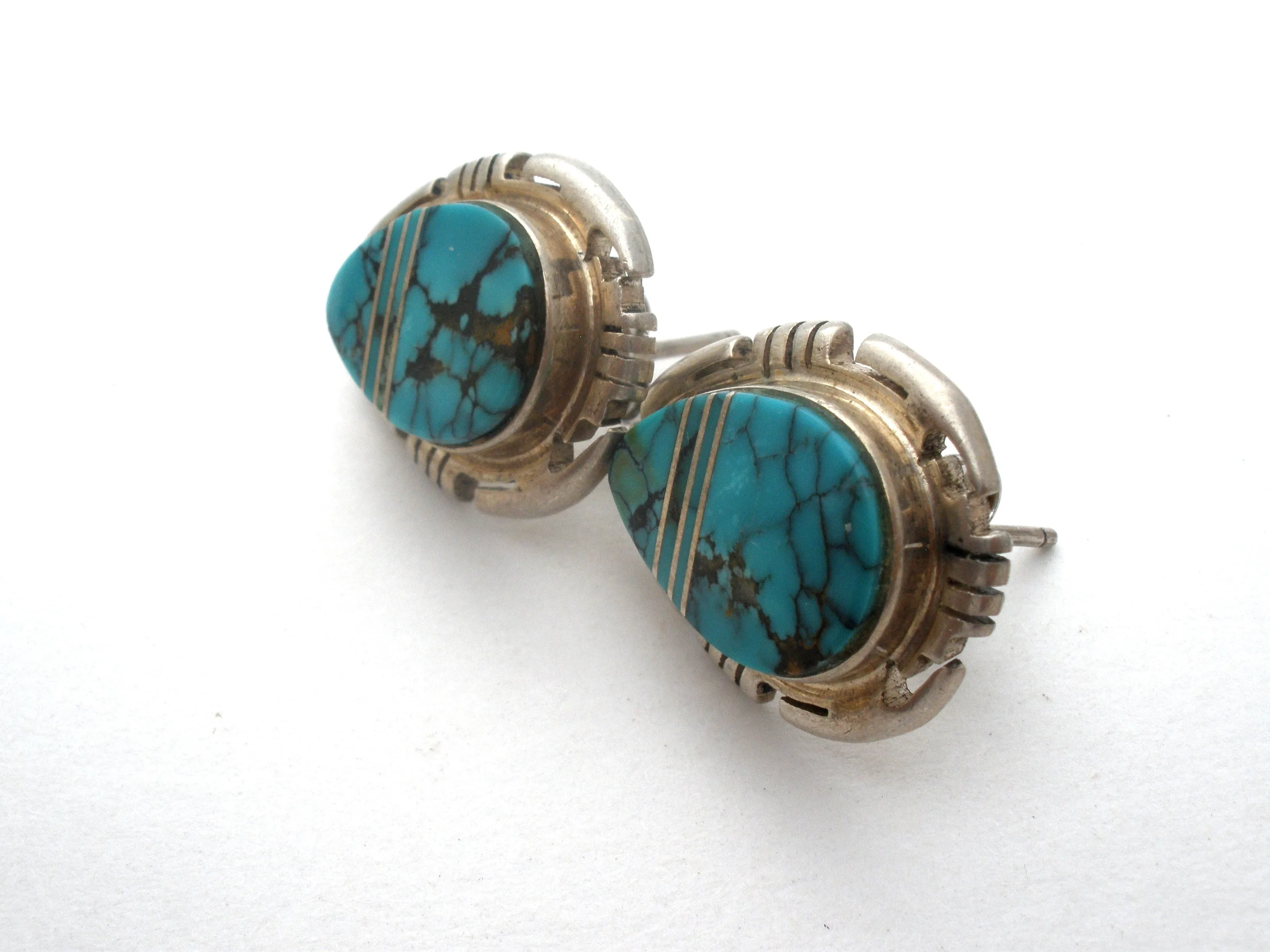 Turquoise Earrings With Sterling Silver Inlay Vintage