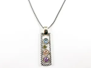 Unique Wire Texture Tall Vertical Bar With Loose Multi Color CZ Brass Necklace