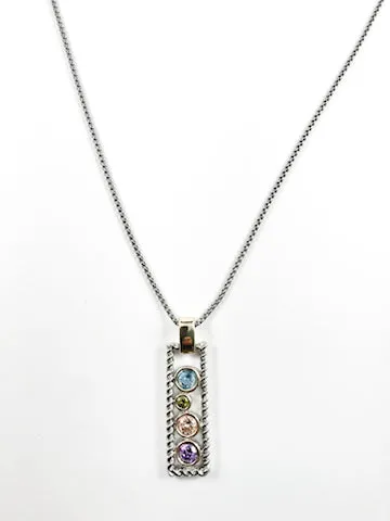 Unique Wire Texture Tall Vertical Bar With Loose Multi Color CZ Brass Necklace