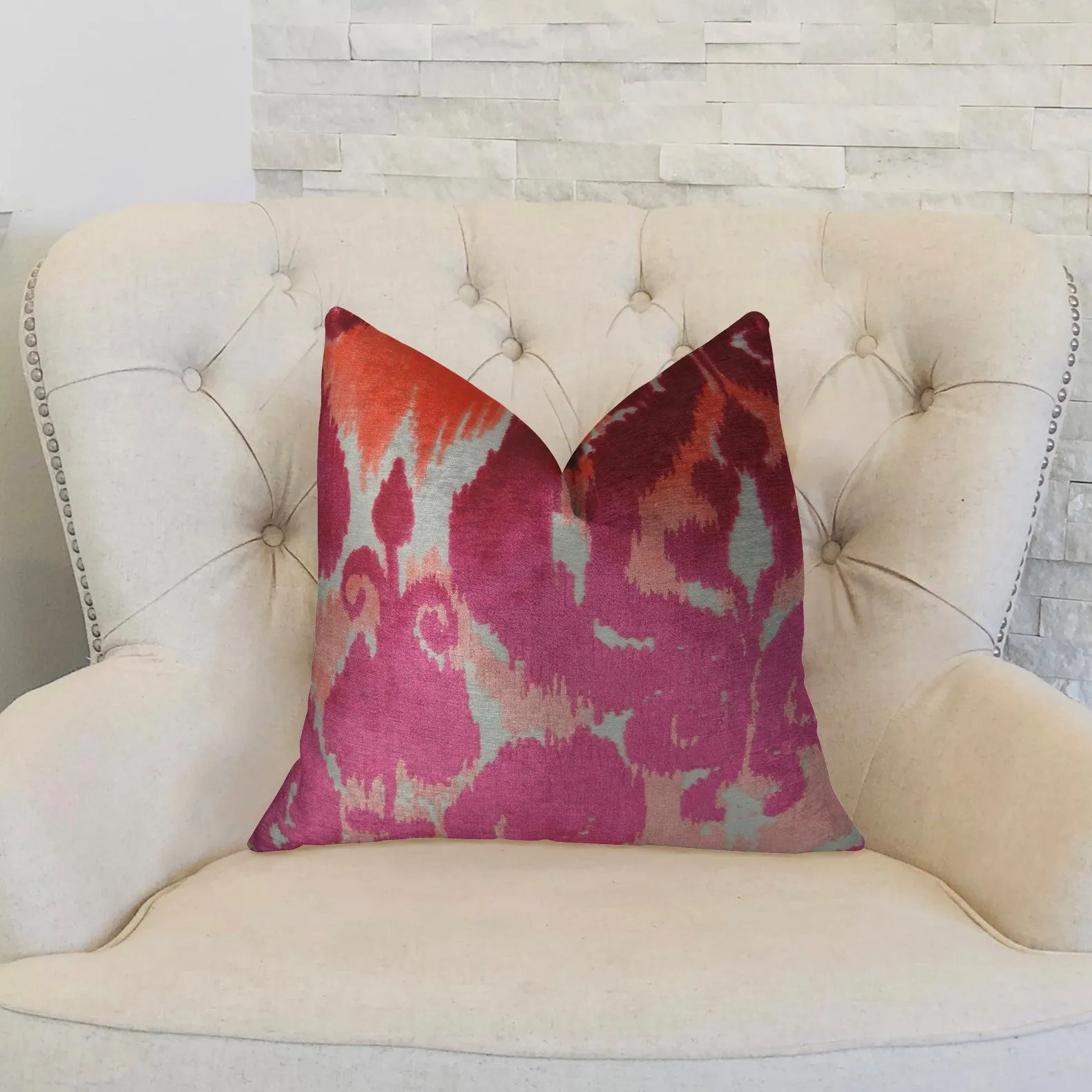 Velvet Grayce Fuchsia Coral and Cream Handmade Luxury Pillow