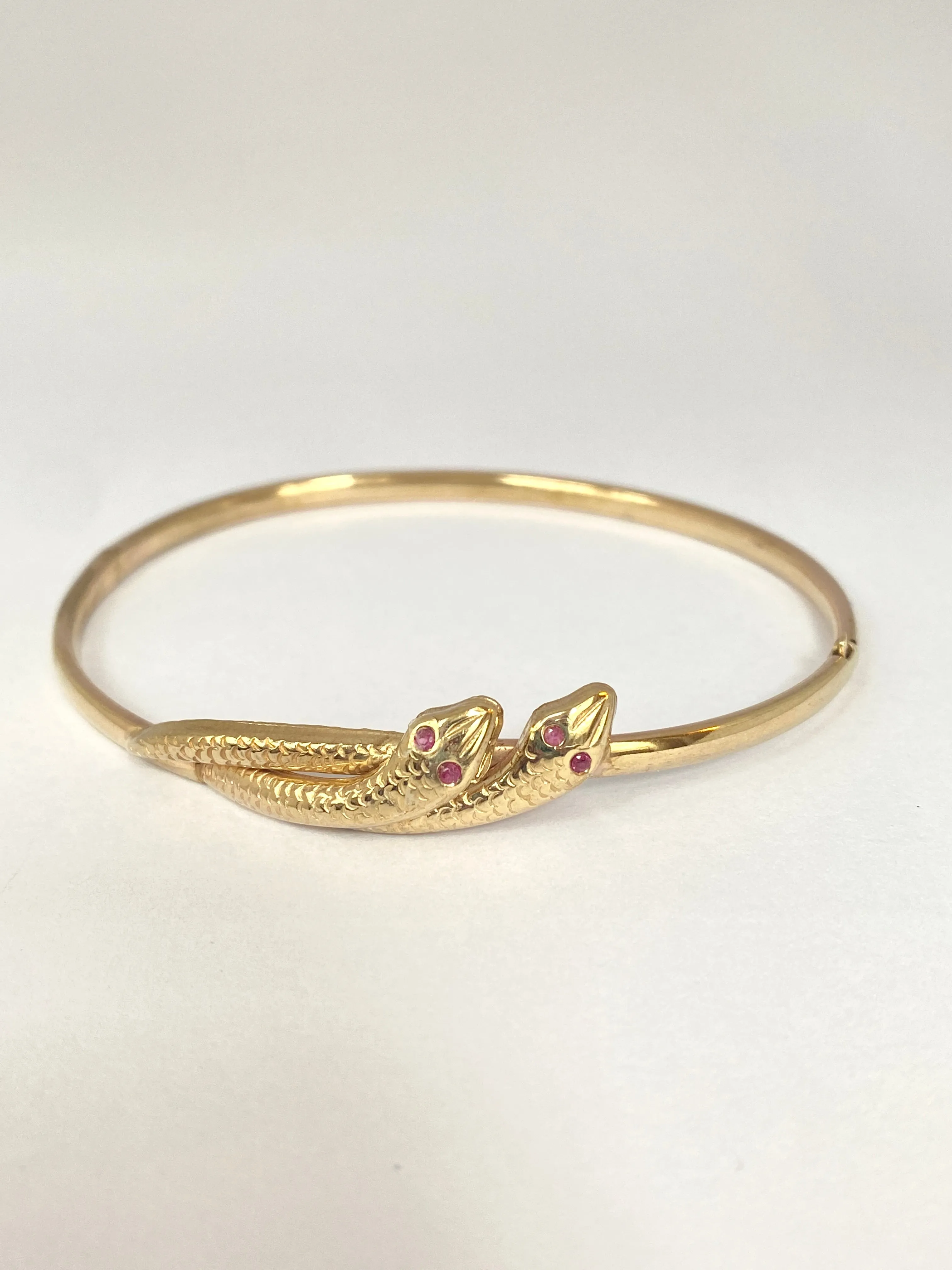 Vintage, 9ct Gold, Ruby Eyed Double Snake Bangle