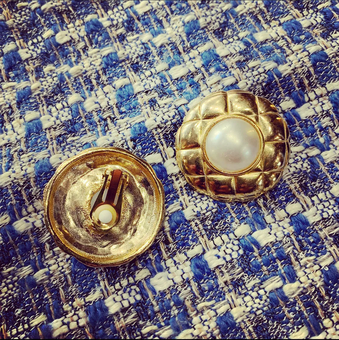 Vintage Gold Pearl Quilted Earrings Clip On