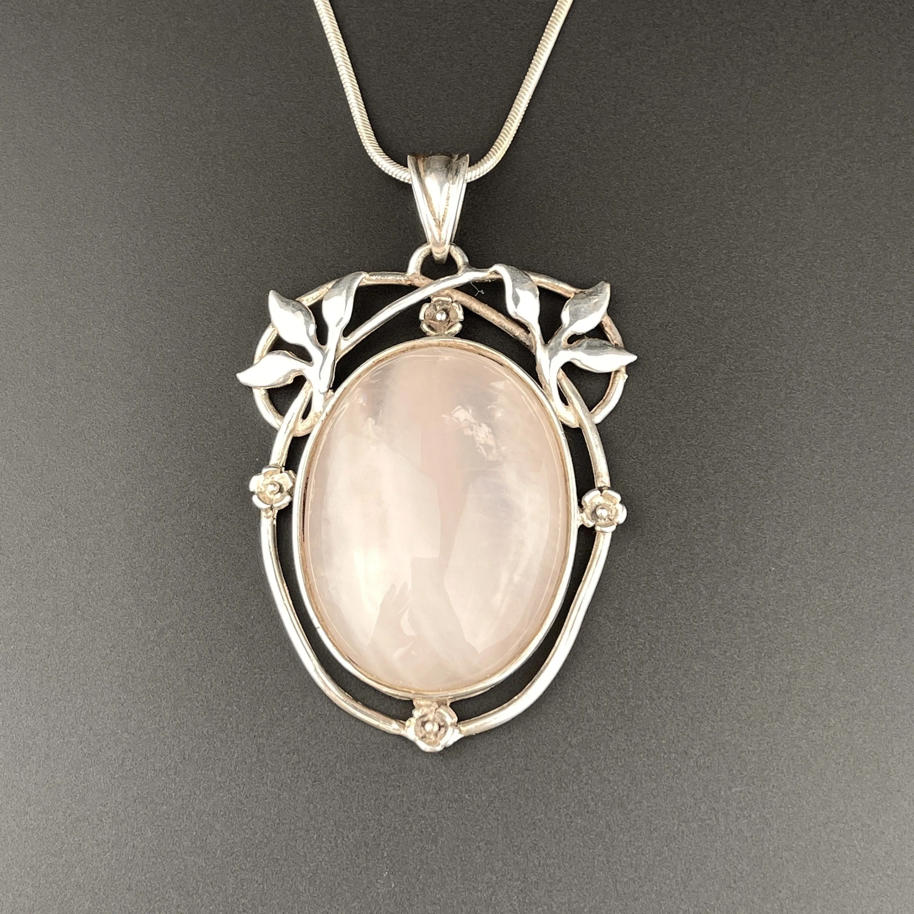 Vintage Silver Large Rose Quartz Art Nouveau Style Pendant Necklace