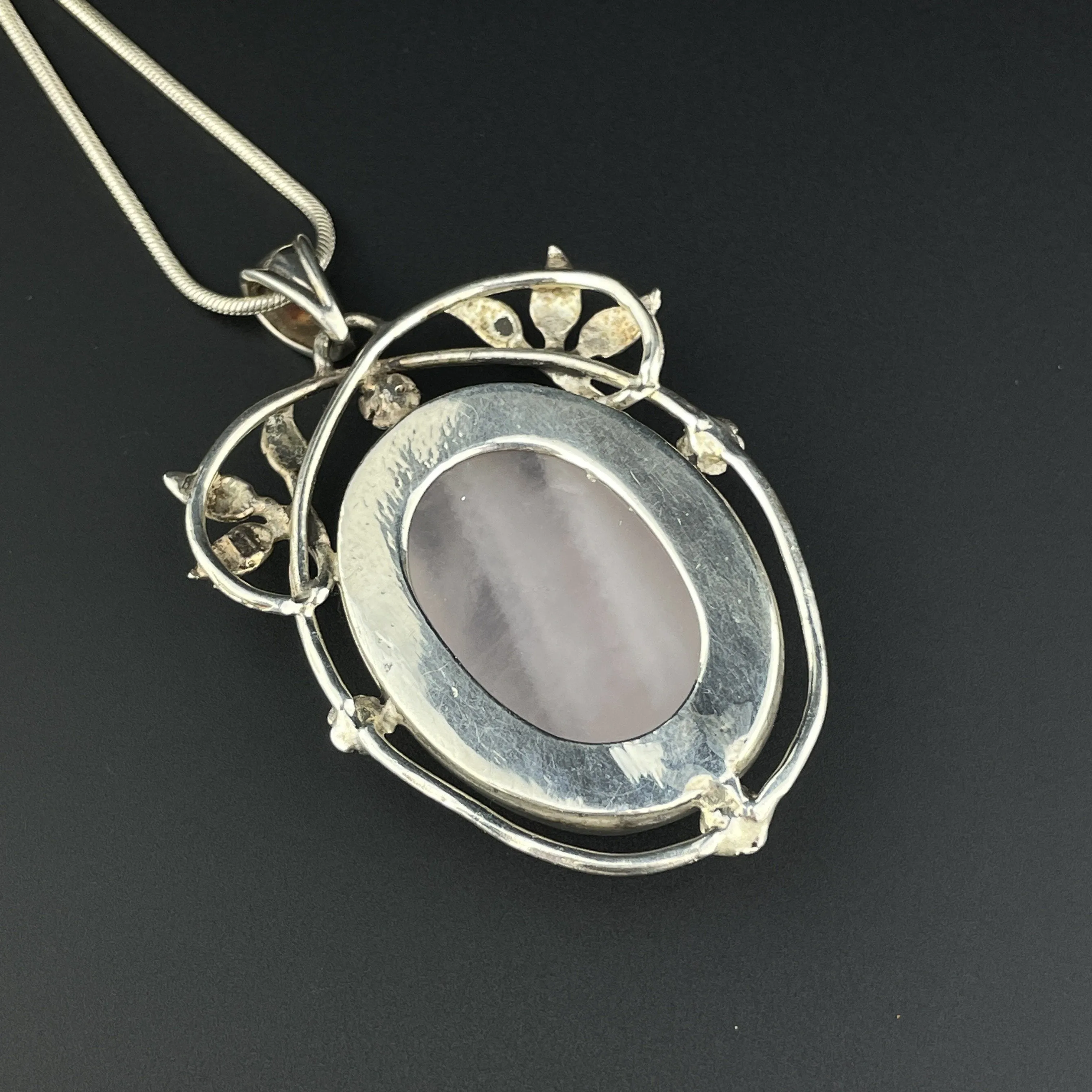Vintage Silver Large Rose Quartz Art Nouveau Style Pendant Necklace