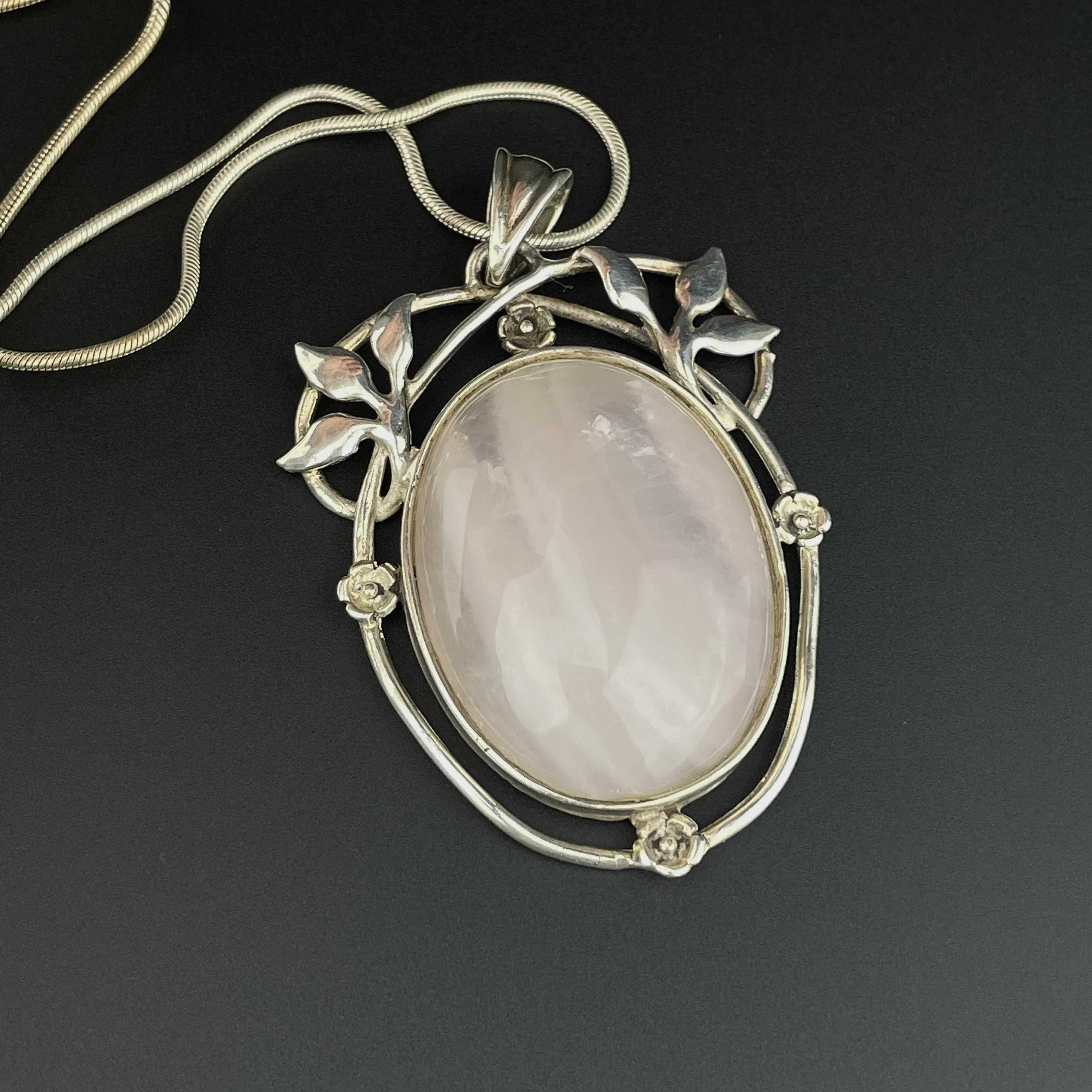 Vintage Silver Large Rose Quartz Art Nouveau Style Pendant Necklace