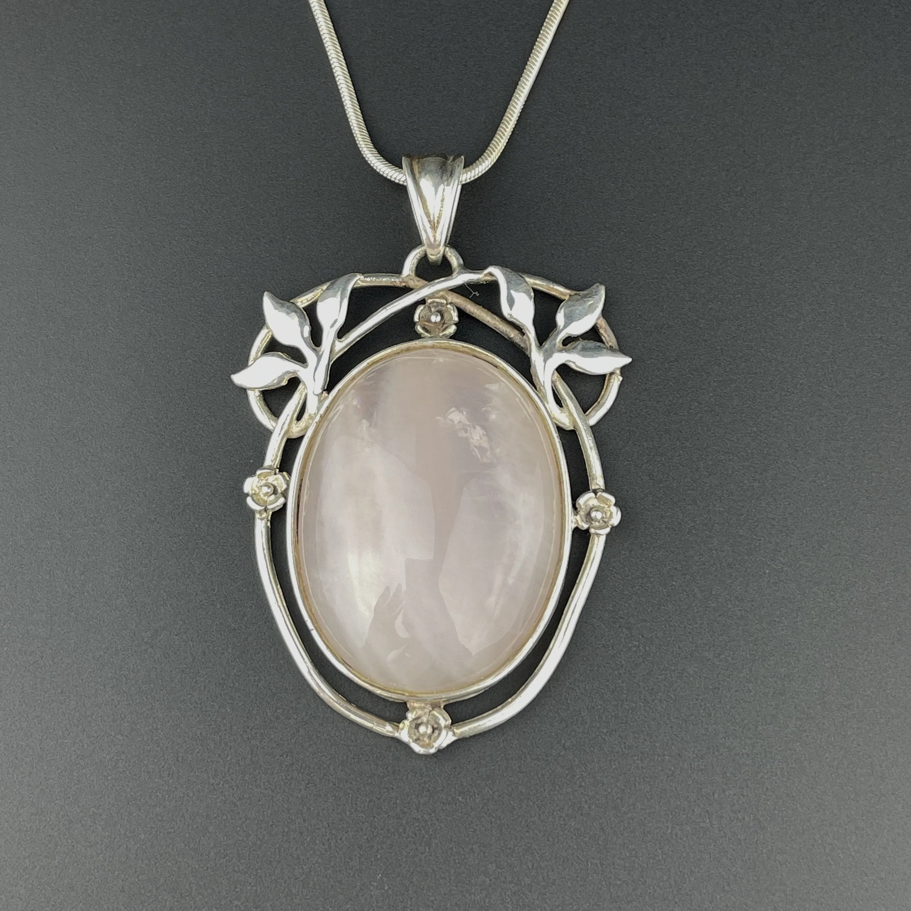 Vintage Silver Large Rose Quartz Art Nouveau Style Pendant Necklace
