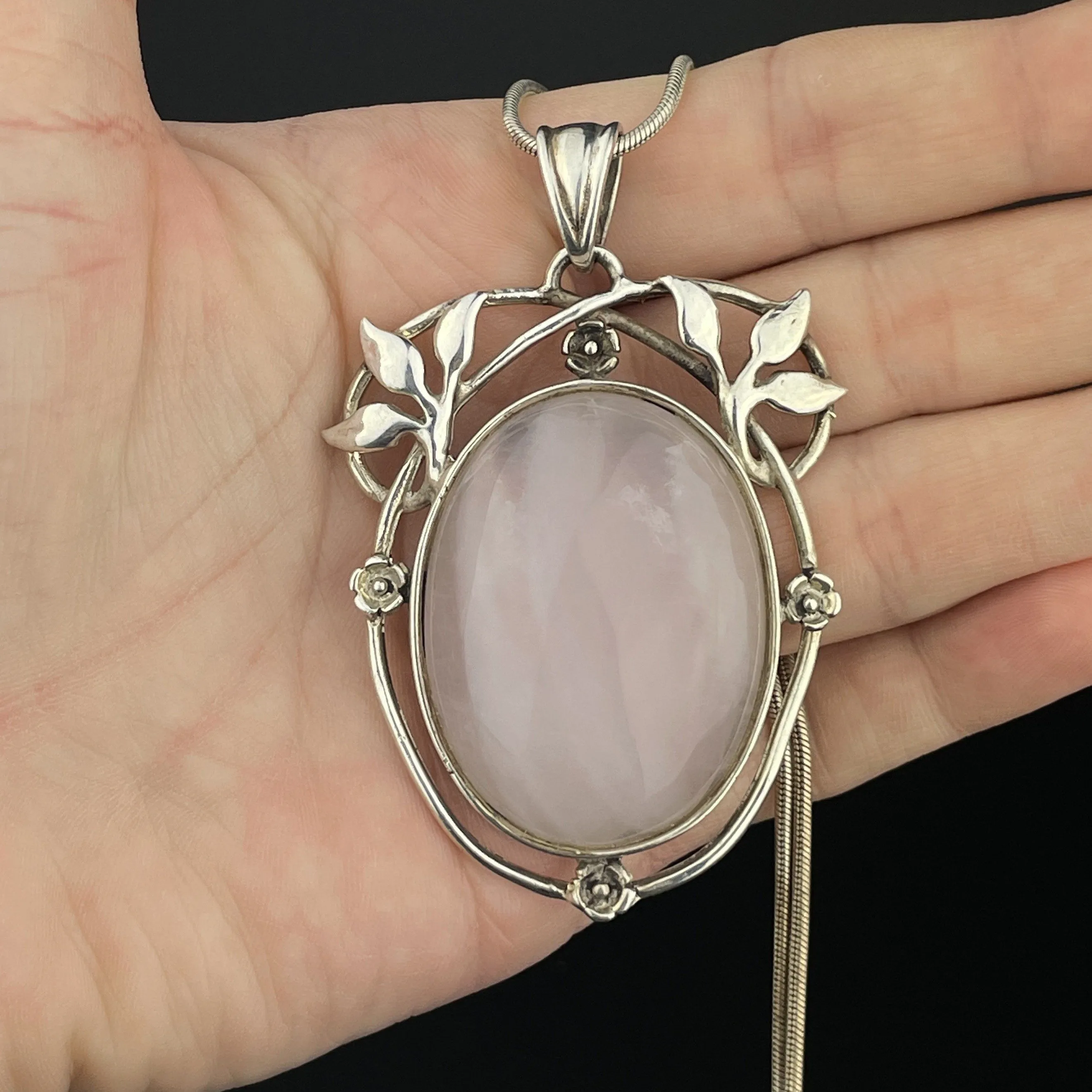 Vintage Silver Large Rose Quartz Art Nouveau Style Pendant Necklace