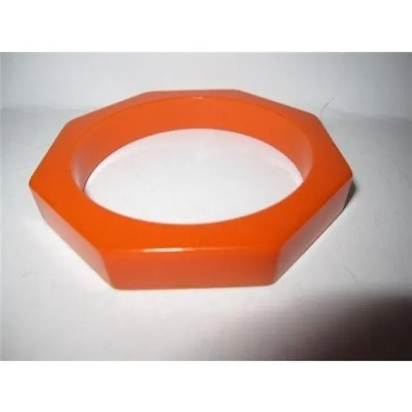 Vintage Art Deco era RARE, Wide, Carved, Octagonal, Orange, Bakelite Bangle