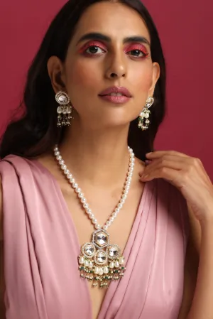White Gold Tone Long Pearl Necklace Set