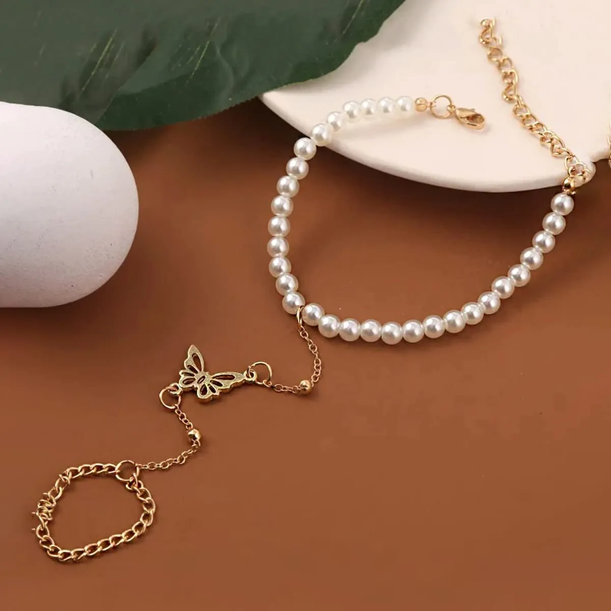 Yellow Chimes Hand Chain For Women Gold Plated Pearl Butterfly Charm Hand Chain Ring For Women and Girls